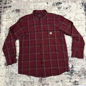 Carhartt Shirt Men L Tall Red Check Long Sleeve Workwear Button Up Loose Fit
